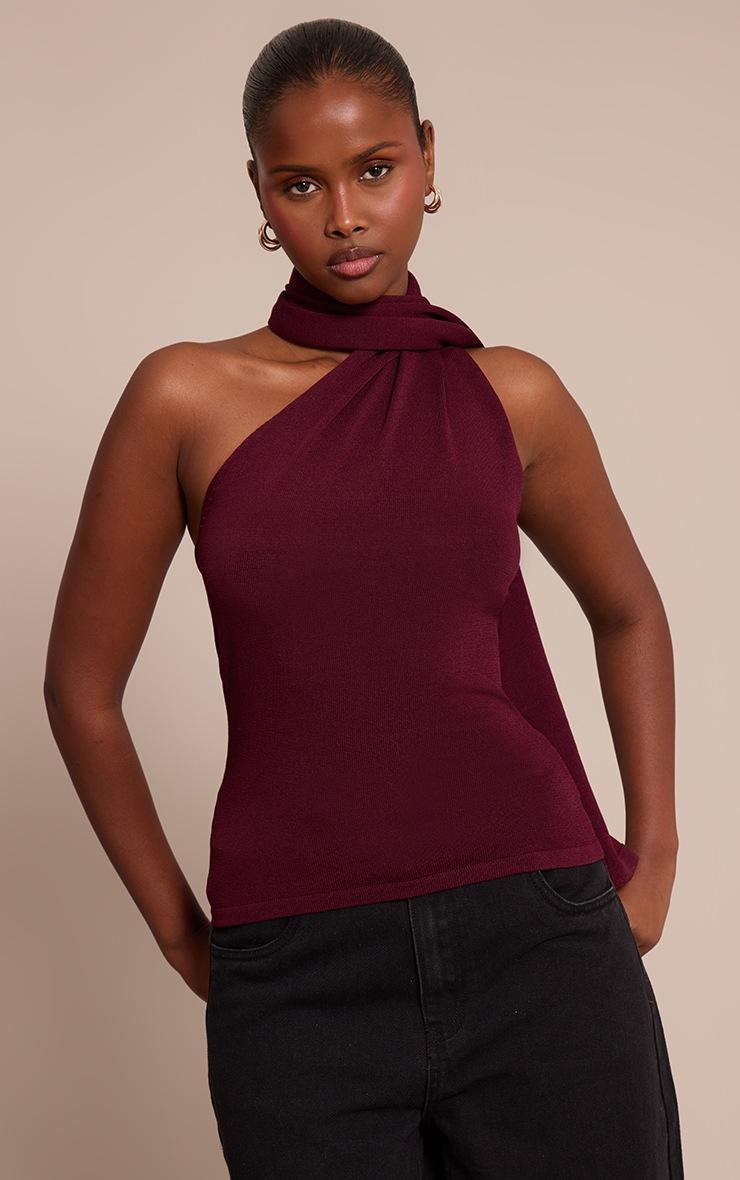 Pretty Little Thing Dark Plum Scarf Neck Detail Sleeveless Knitted Top