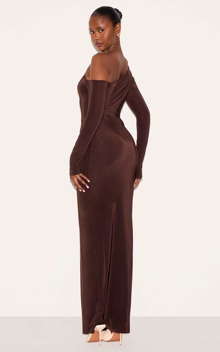 Pretty Little Thing Deep Chocolate Double Slinky Asymmetric Neckline Maxi Dress