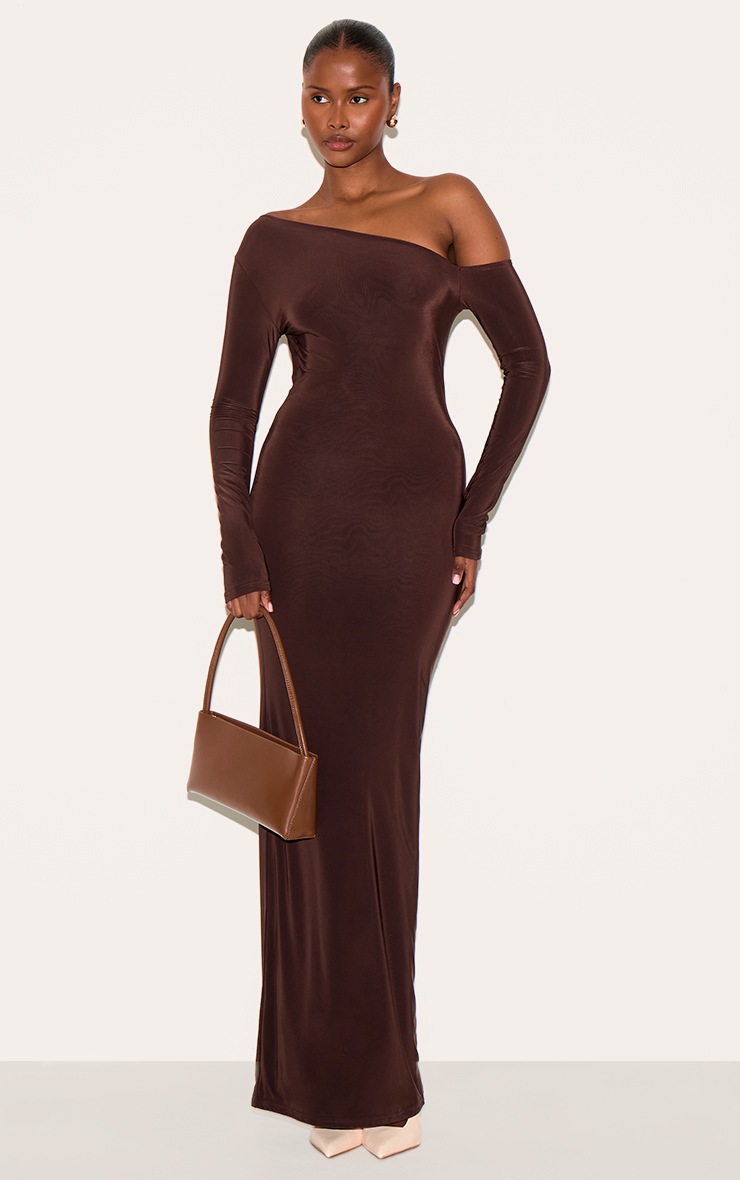 Pretty Little Thing Deep Chocolate Double Slinky Asymmetric Neckline Maxi Dress