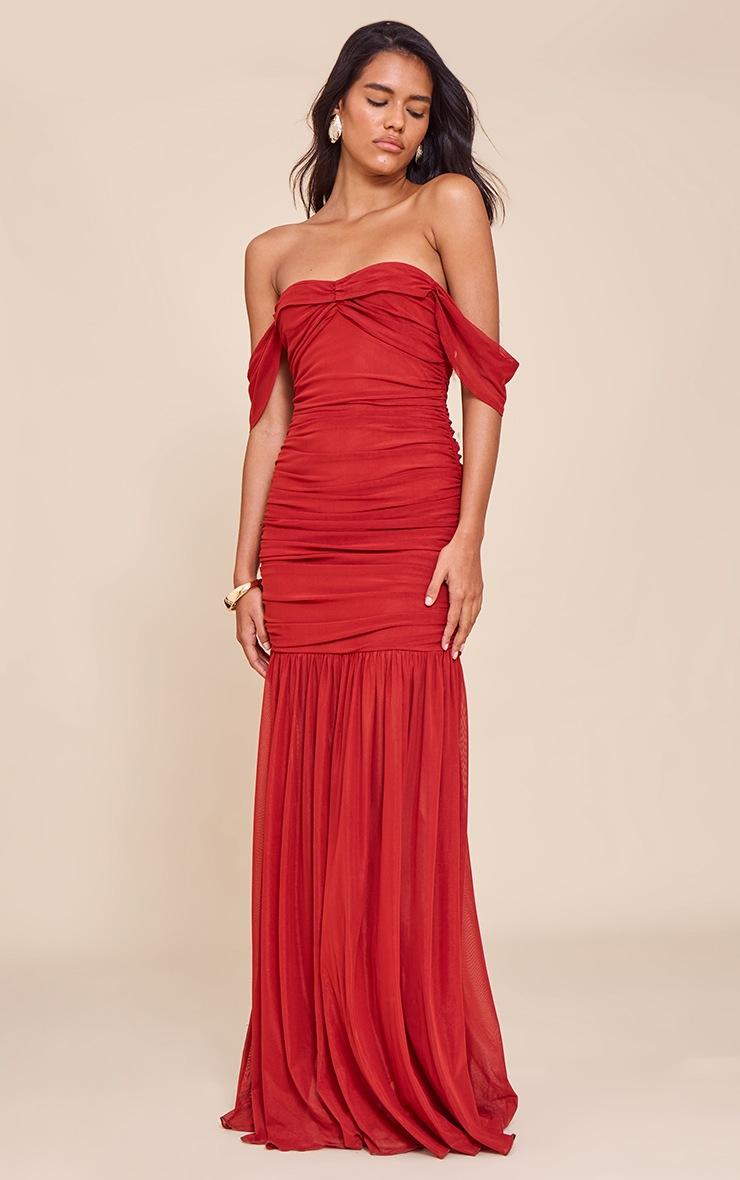 Pretty Little Thing Deep Red Mesh Bardot Ruched Detail Maxi Dress