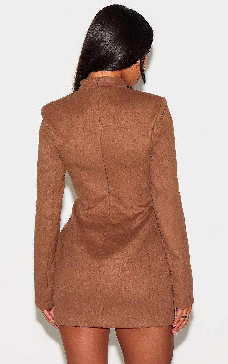 Pretty Little Thing Deep Taupe Brushed Woven Long Sleeve Button Detail Mini Dress