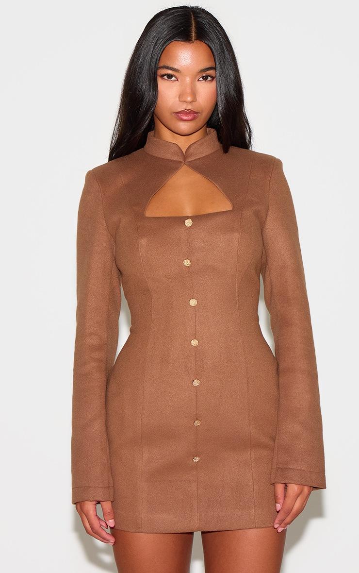 Pretty Little Thing Deep Taupe Brushed Woven Long Sleeve Button Detail Mini Dress
