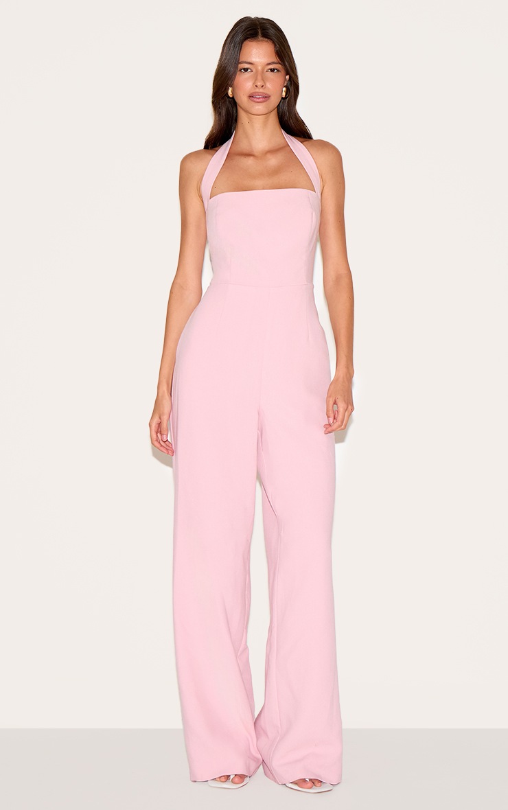 Pretty Little Thing Dusty Pink Premium Woven Halterneck Straight Leg Jumpsuit