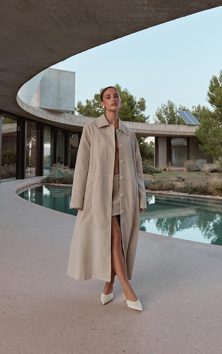 Pretty Little Thing Ecru Suede Longline Button Coat