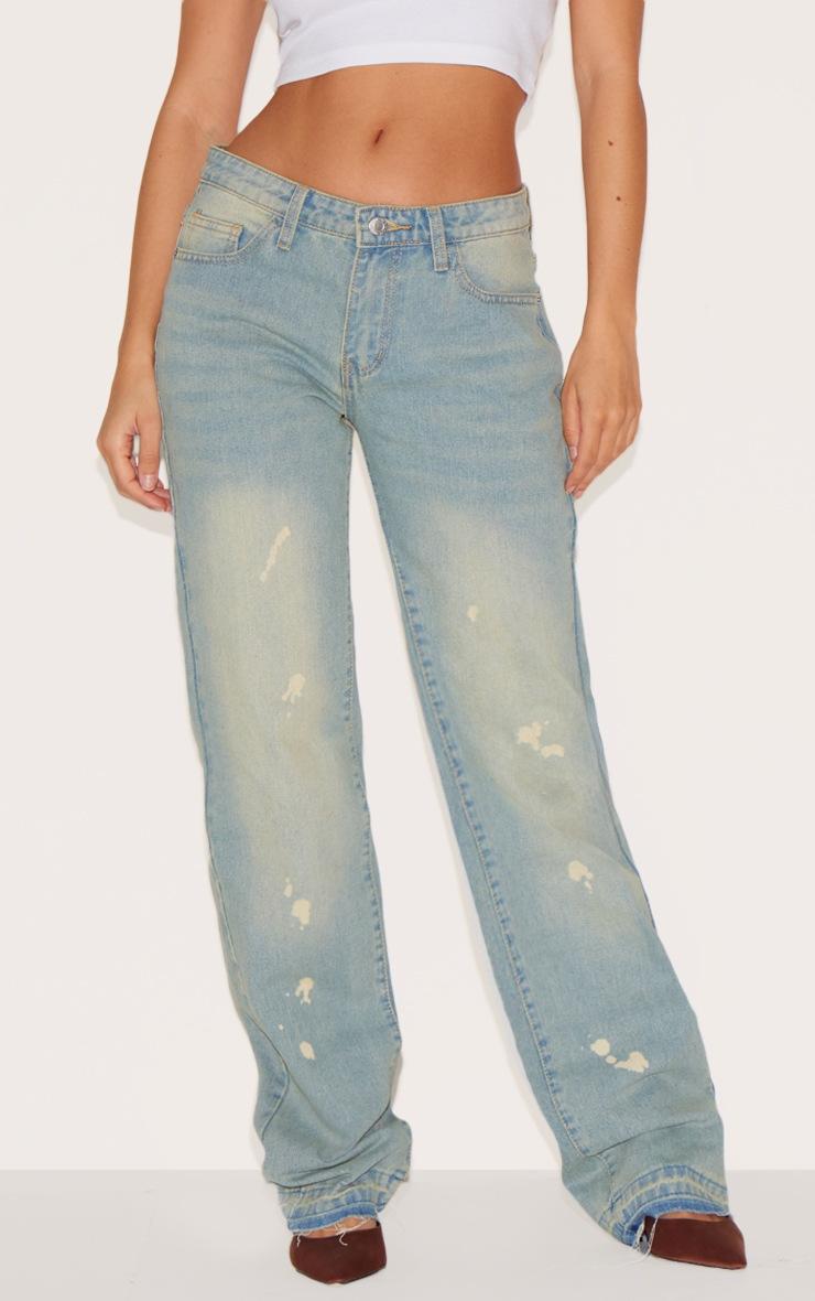 Pretty Little Thing Faded Vintage Wash Splattered Effect Straight Leg Jeans
