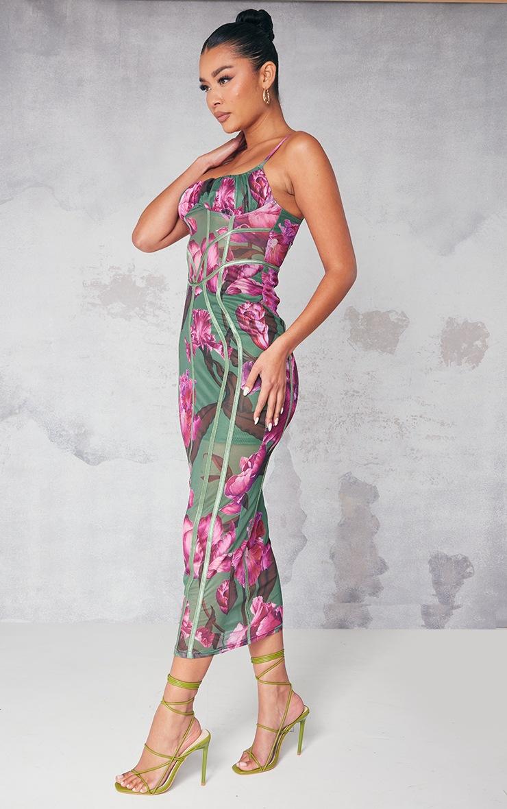 Pretty Little Thing Green Floral Print Mesh Binding Detail Midaxi Dress