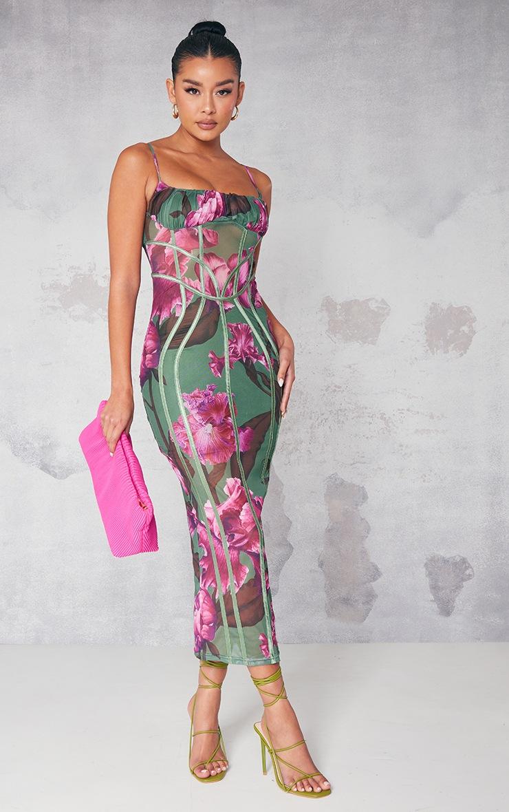 Pretty Little Thing Green Floral Print Mesh Binding Detail Midaxi Dress