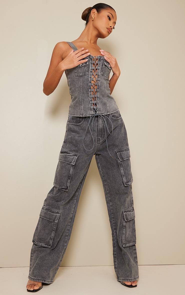 Pretty Little Thing Grey Acid Wash Cargo Pocket Detail Slim Wide Leg Jeans