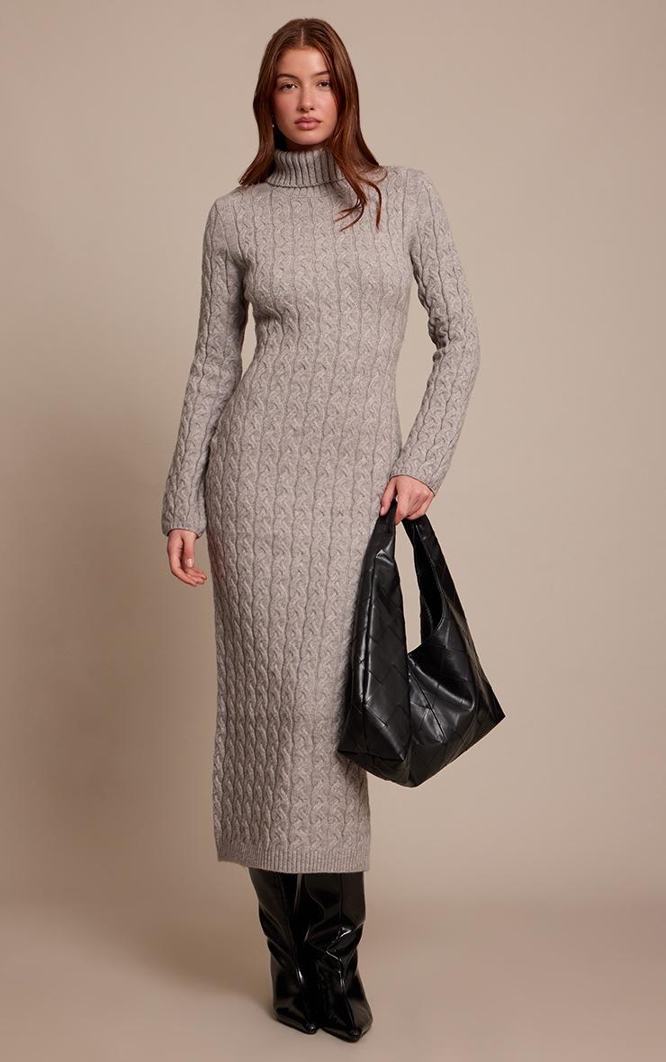 Pretty Little Thing Grey Chunky Cable Knit Roll Neck Maxi Sweater Dress