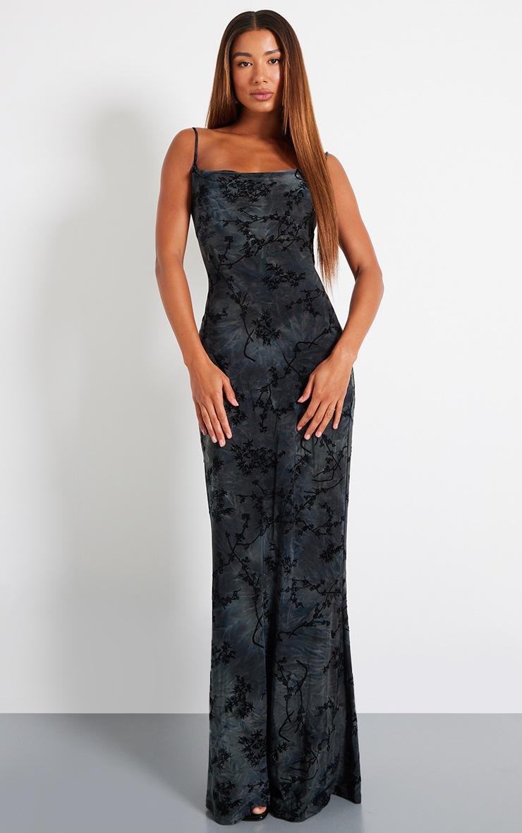 Pretty Little Thing Grey Devore Cowl Neck Lace Up Back Maxi Dress