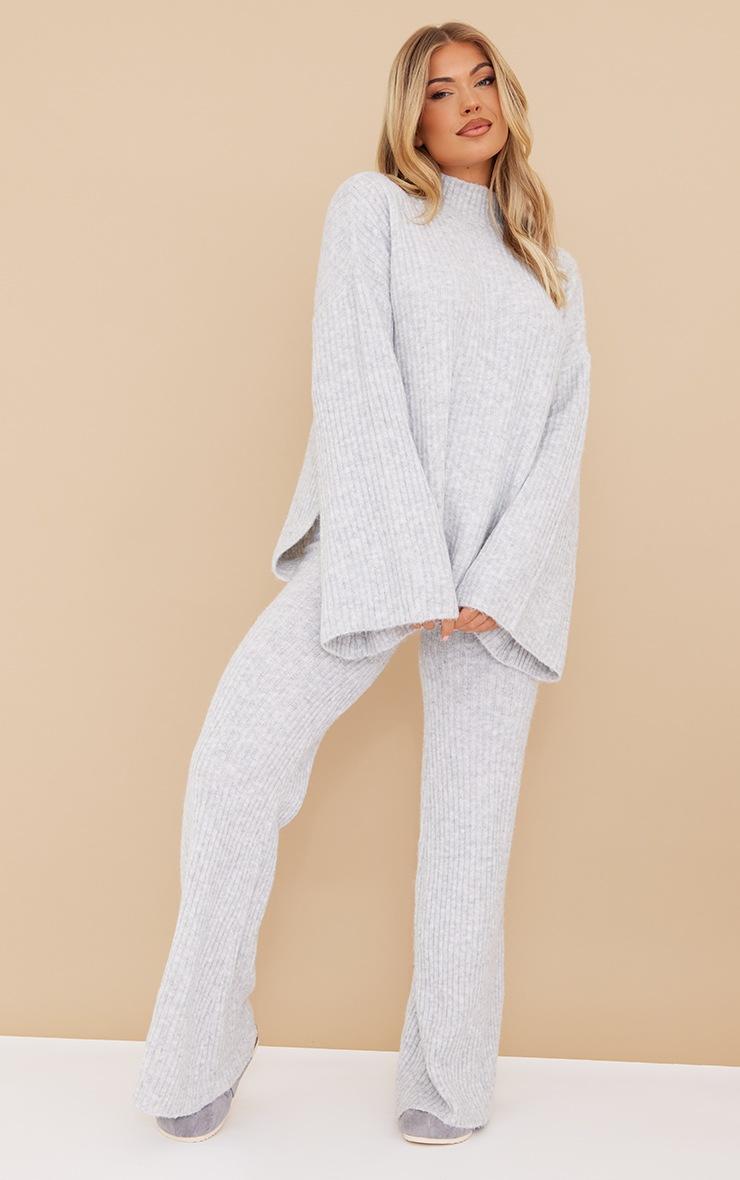 Pretty Little Thing Grey Luxe Rib Knit Wide Leg Pants