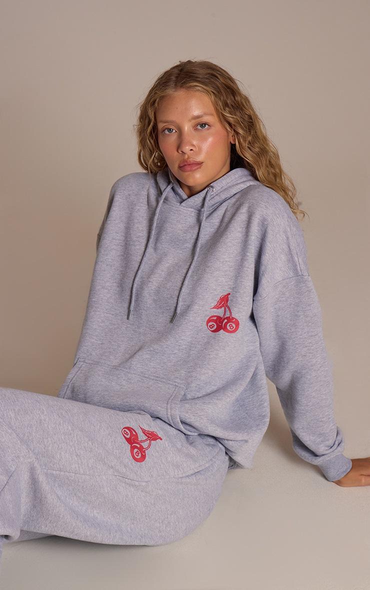 Pretty Little Thing Grey Marl Cherry Print Oversized Hoodie