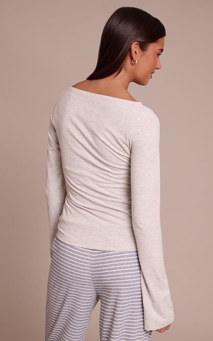 Pretty Little Thing Grey Marl Soft Cotton Boat Neck Flared Long Sleeve Top