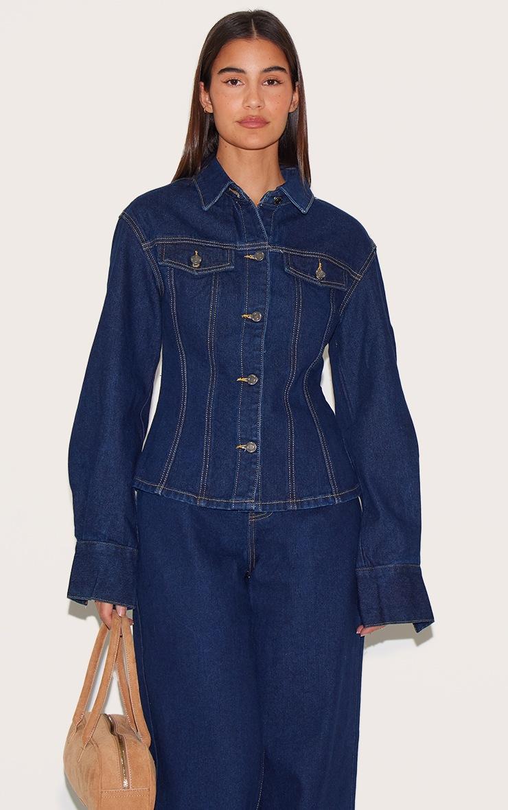 Pretty Little Thing Indigo Contrast Stitch Long Sleeve Cinch Waist Denim Jacket