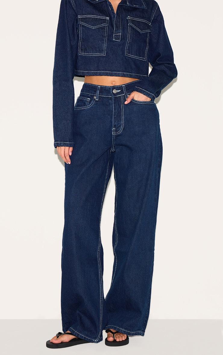 Pretty Little Thing Indigo Contrast Stitch Slouchy Wide Leg Jean