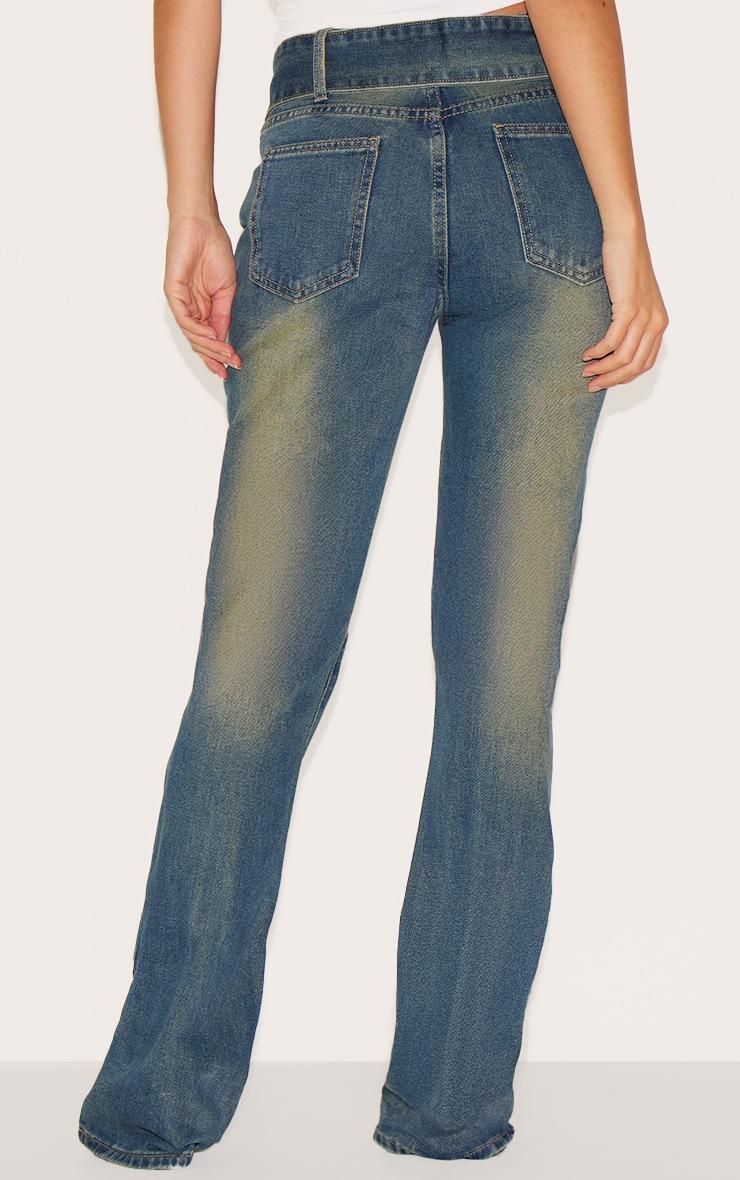 Pretty Little Thing Indigo Vintage Wash Belted Seam Front Flare Jeans