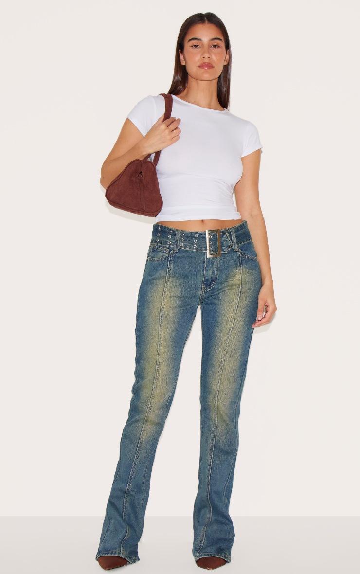 Pretty Little Thing Indigo Vintage Wash Belted Seam Front Flare Jeans