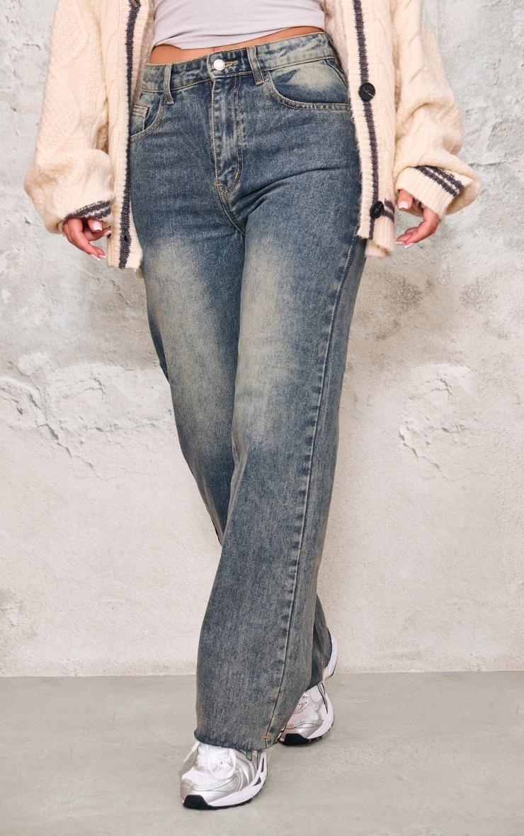 Pretty Little Thing Indigo Vintage Wash Frayed Hem Straight Leg Jeans