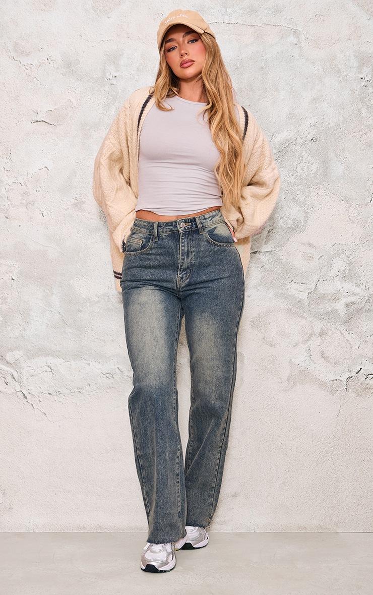 Pretty Little Thing Indigo Vintage Wash Frayed Hem Straight Leg Jeans Pretty Little Thing Indigo Vintage Wash Frayed Hem Straight Leg Jeans