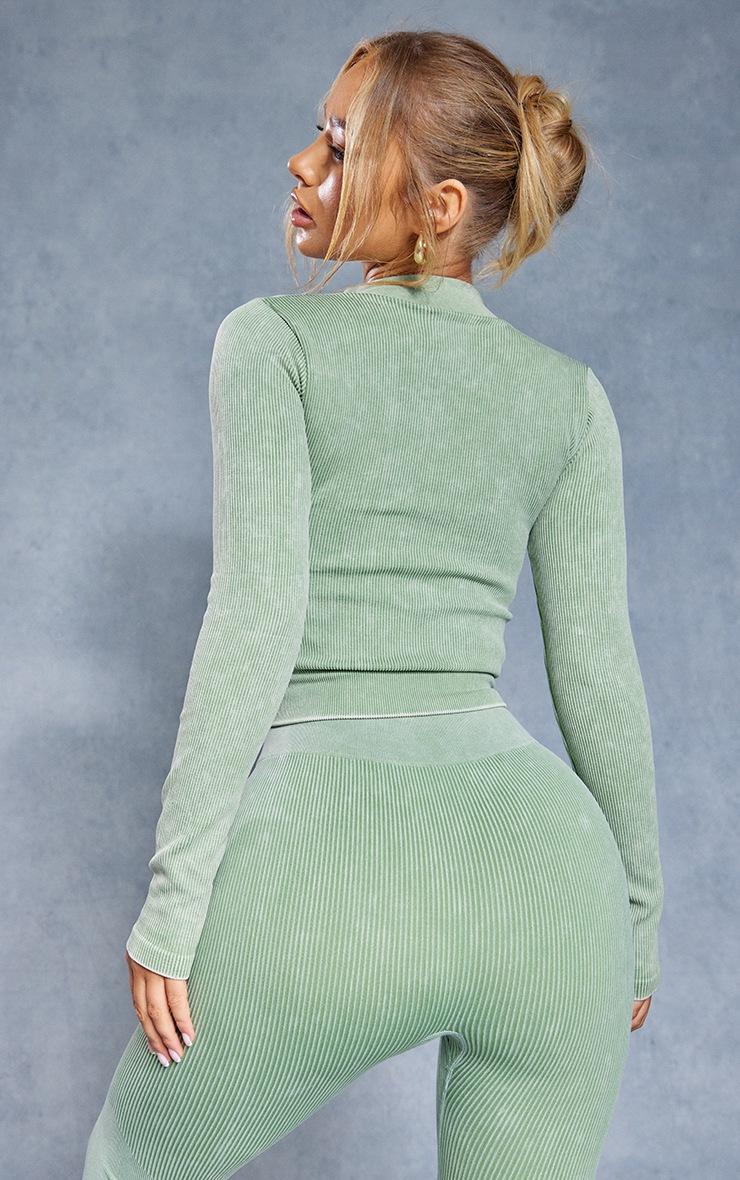 Pretty Little Thing Khaki Acid Wash Seamless Rib Zip Up Cropped Sports Jacket