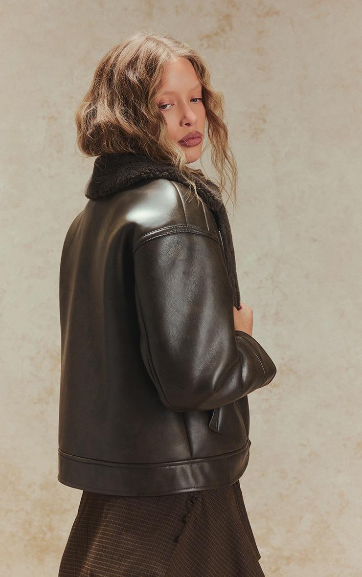 Pretty Little Thing Khaki Borg Collar Faux Leather Aviator Jacket