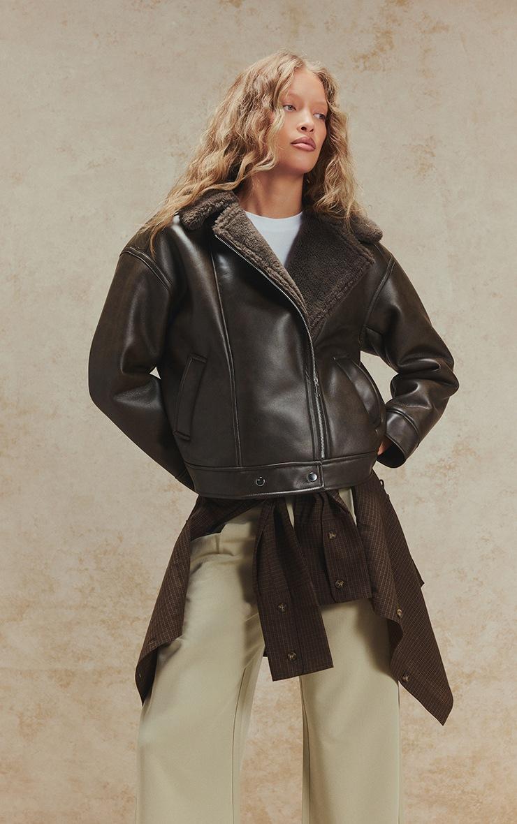 Pretty Little Thing Khaki Borg Collar Faux Leather Aviator Jacket