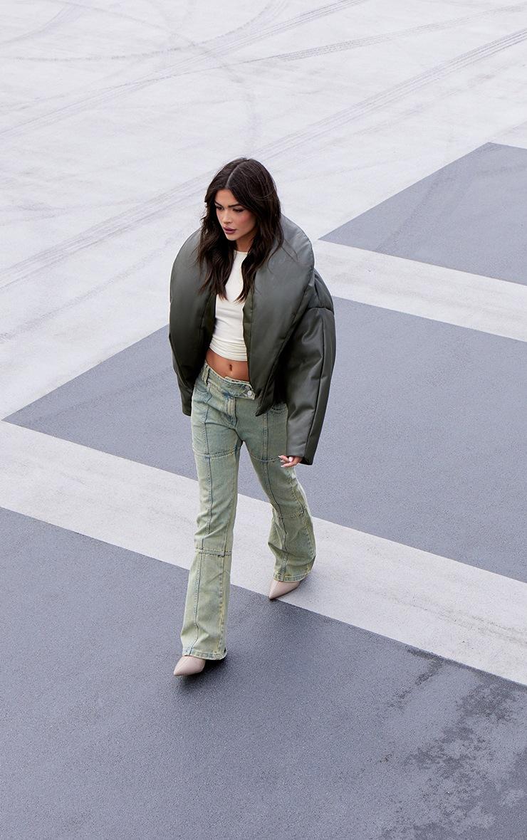 Pretty Little Thing Khaki Exaggerated Collar PU Cropped Puffer Coat