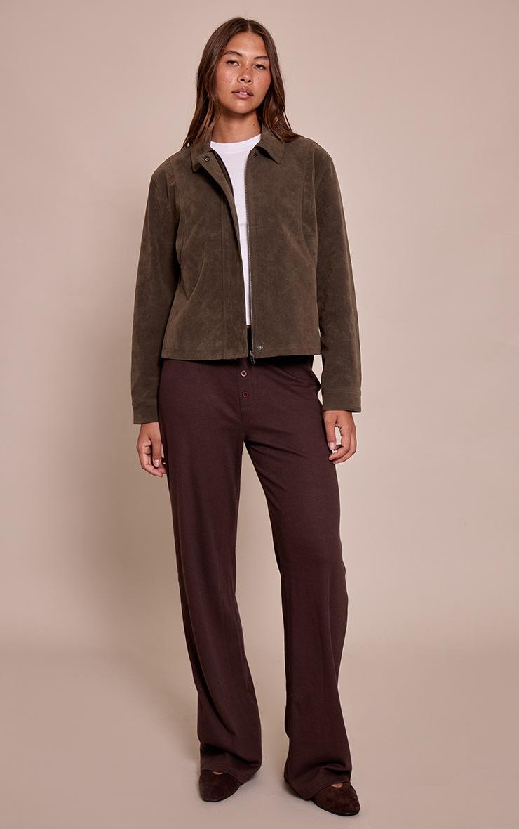 Pretty Little Thing Khaki Faux Suede Concealed Placket Bomber Jacket