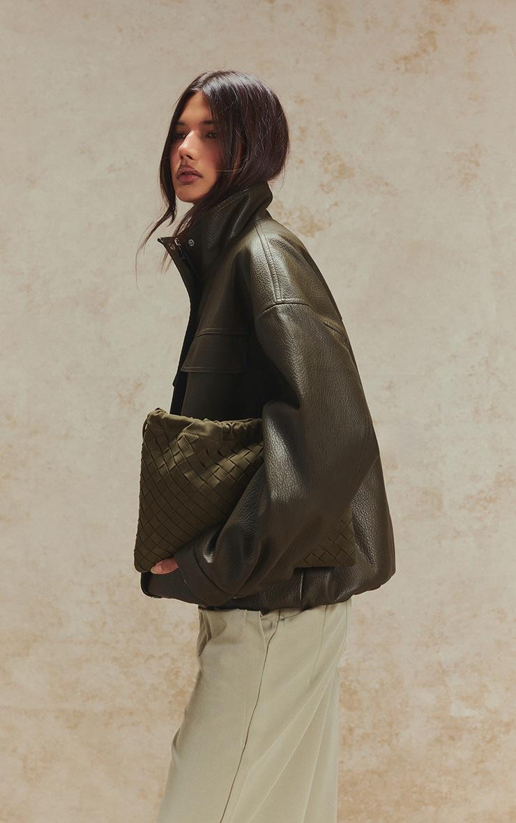 Pretty Little Thing Khaki Funnel Neck Concealed Placket Faux Leather Jacket