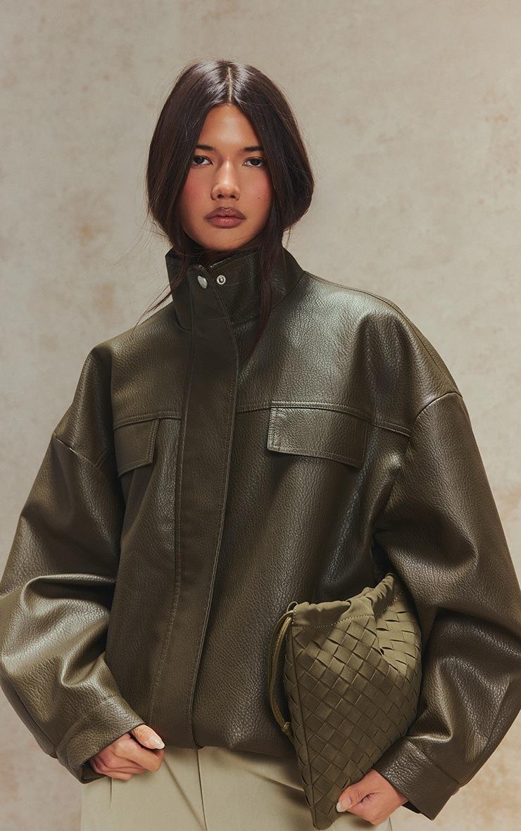 Pretty Little Thing Khaki Funnel Neck Concealed Placket Faux Leather Jacket