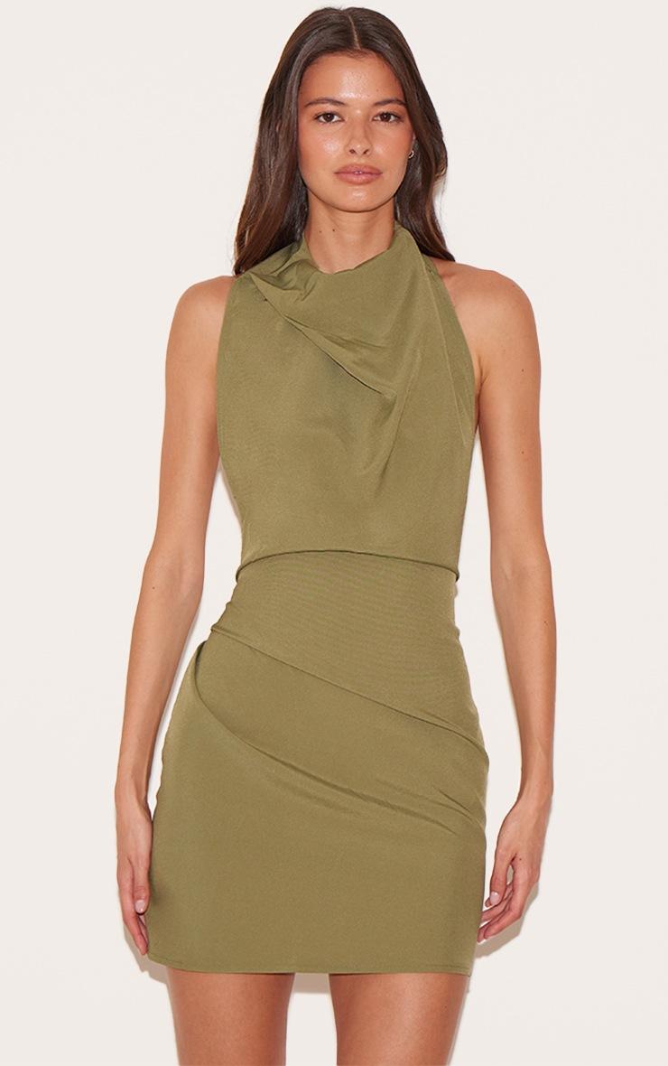 Pretty Little Thing Khaki High Neck Cowl Backless Bodycon Dress