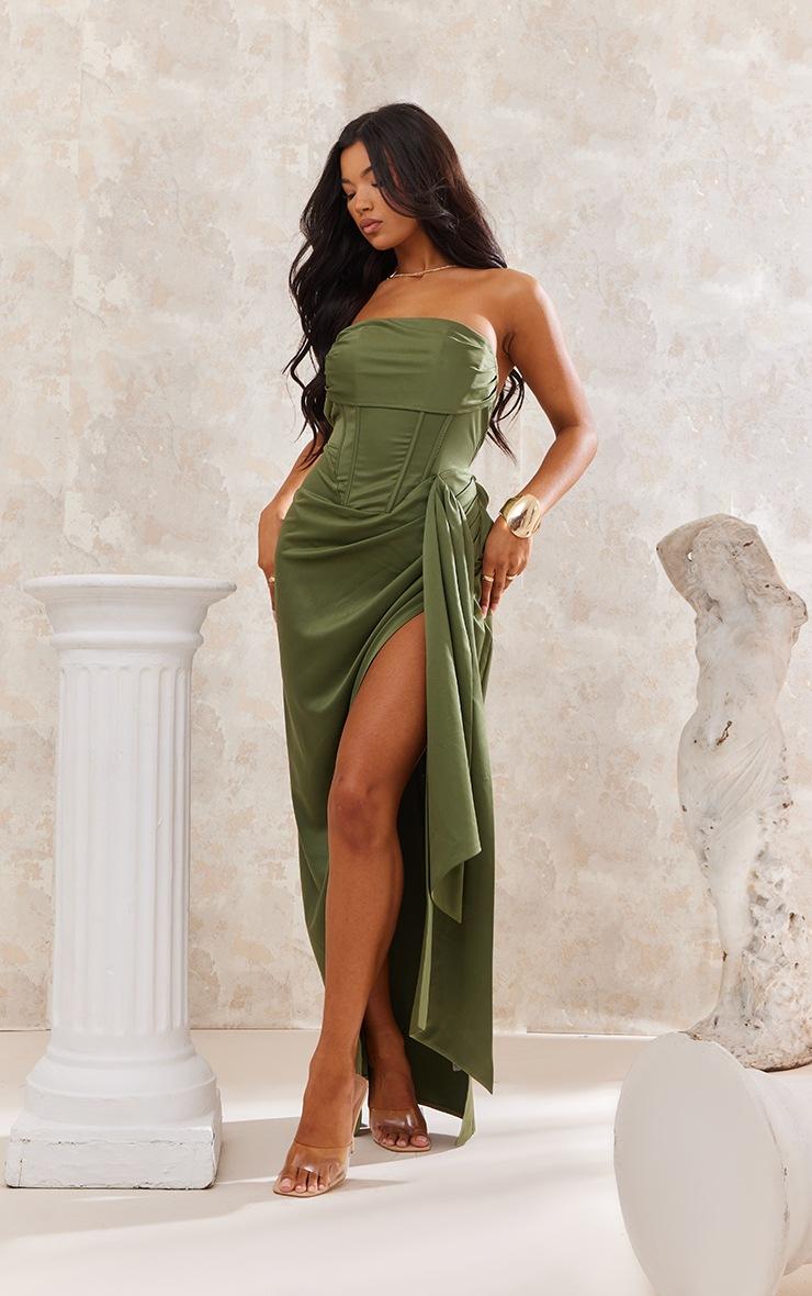 Pretty Little Thing Khaki Satin Draped Bandeau Corset Midaxi Dress