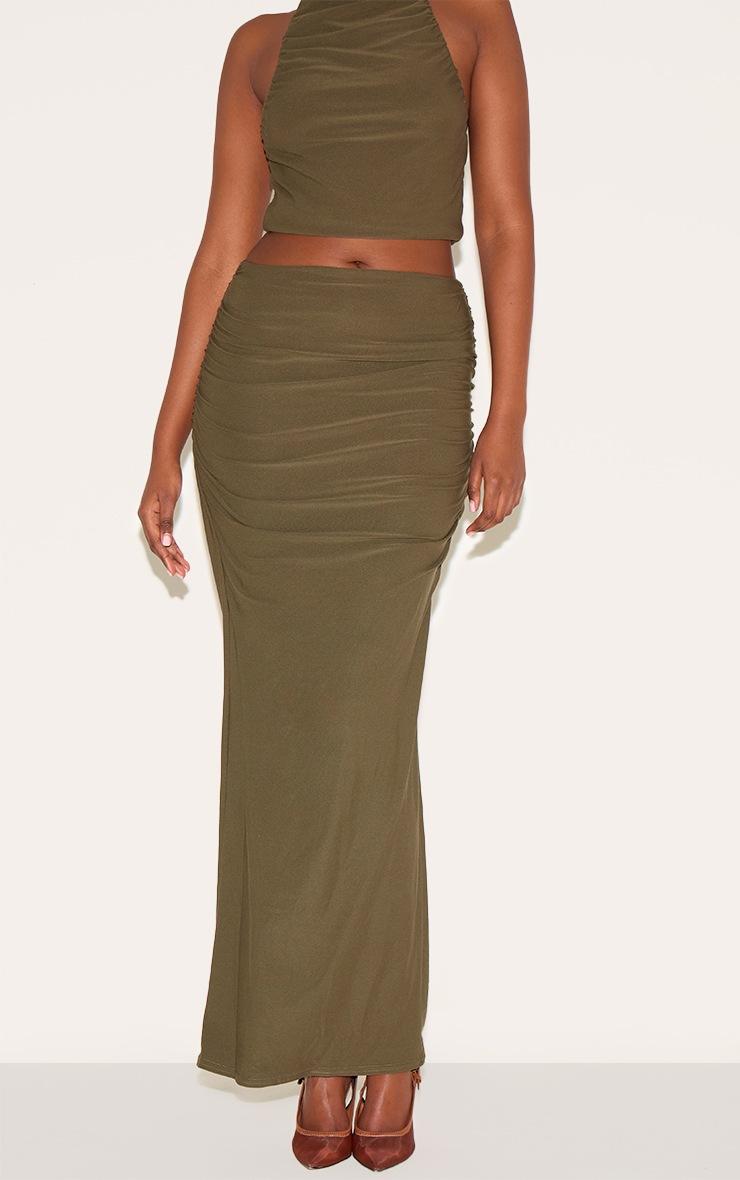 Pretty Little Thing Khaki Soft Touch Ruched Maxi Skirt
