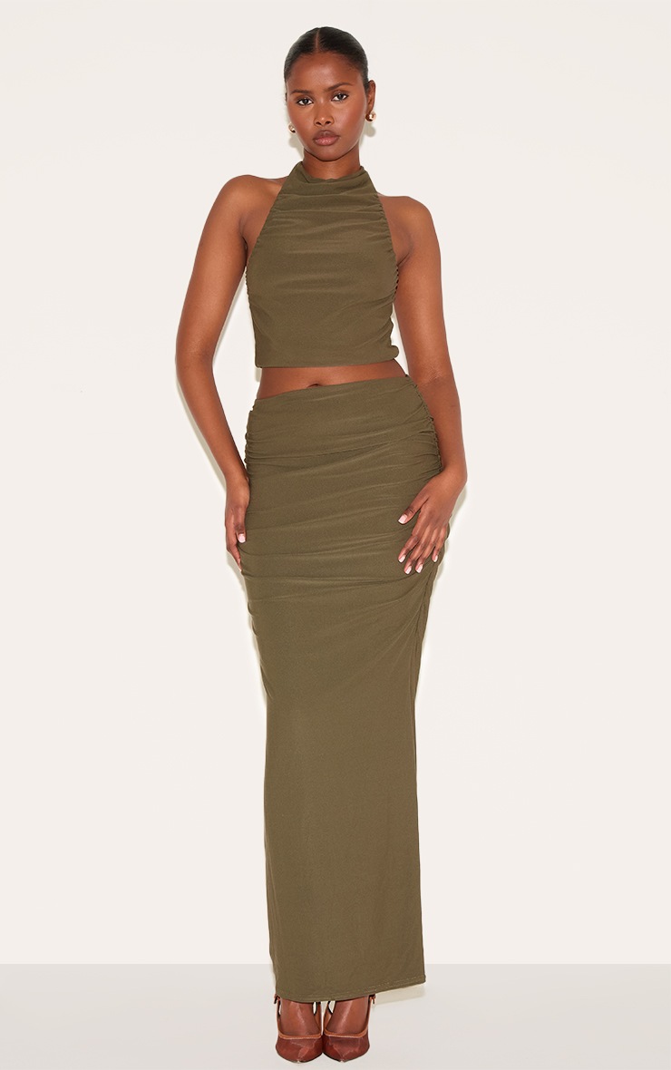 Pretty Little Thing Khaki Soft Touch Ruched Maxi Skirt