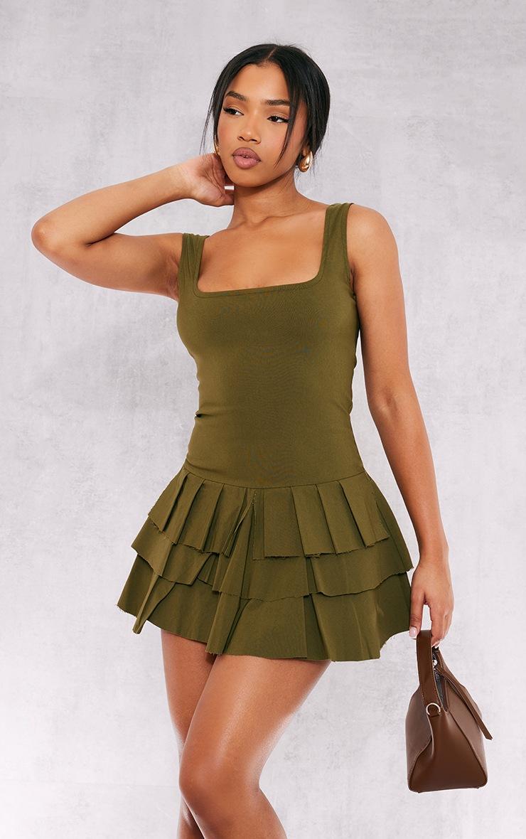 Pretty Little Thing Khaki Stretch Woven Pleated Skort Romper