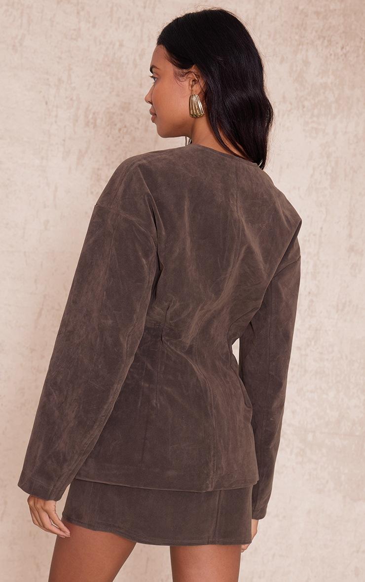 Pretty Little Thing Khaki Suede Collarless Cocoon Sleeve Blazer