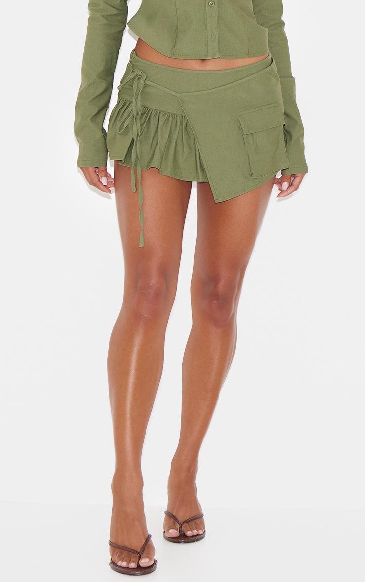 Pretty Little Thing Khaki Woven Frill Detail Cargo Skort