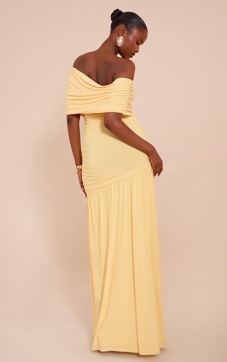 Pretty Little Thing Lemon Double Layer Slinky Bardot One Shoulder Ruched Maxi Dress
