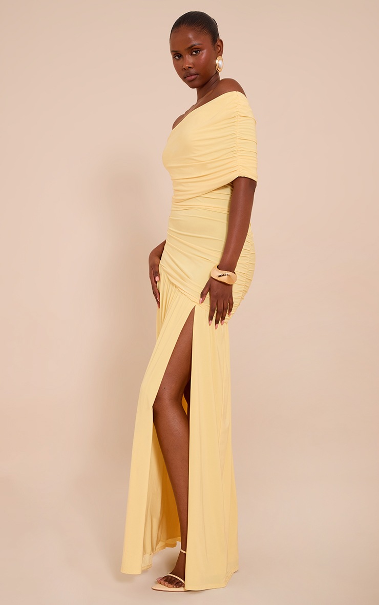 Pretty Little Thing Lemon Double Layer Slinky Bardot One Shoulder Ruched Maxi Dress
