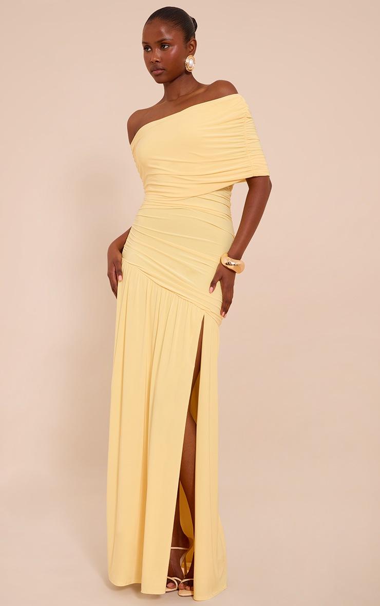 Pretty Little Thing Lemon Double Layer Slinky Bardot One Shoulder Ruched Maxi Dress