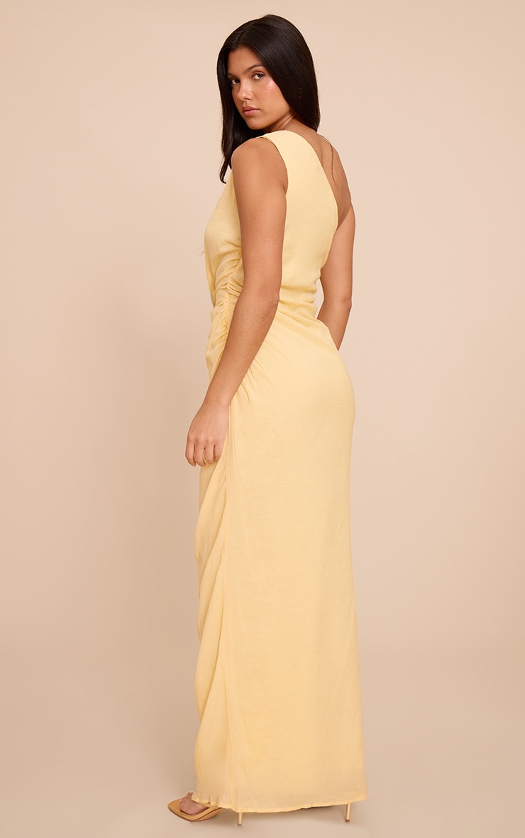Pretty Little Thing Lemon Textured One Shoulder Ruched Maxi Dress