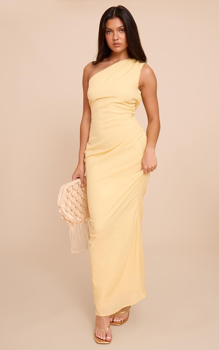 Pretty Little Thing Lemon Textured One Shoulder Ruched Maxi Dress