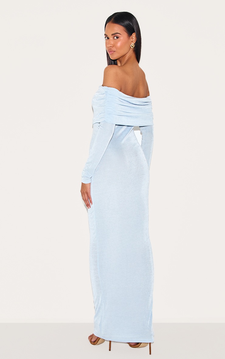 Pretty Little Thing Light Blue Acetate Slinky Bardot Long Sleeve Maxi Dress