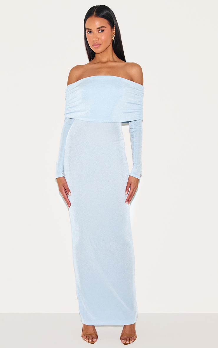 Pretty Little Thing Light Blue Acetate Slinky Bardot Long Sleeve Maxi Dress