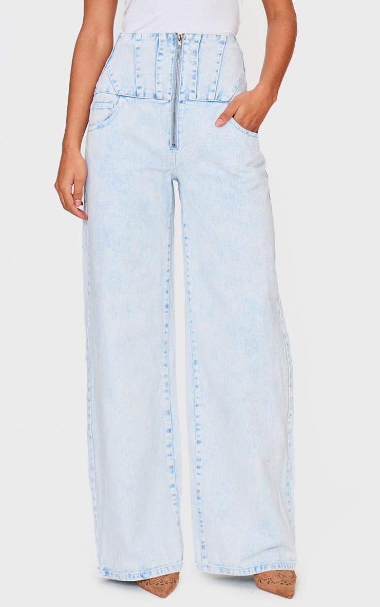 Pretty Little Thing Light Blue Acid Wash Seam Detail Corset Waist Jeans