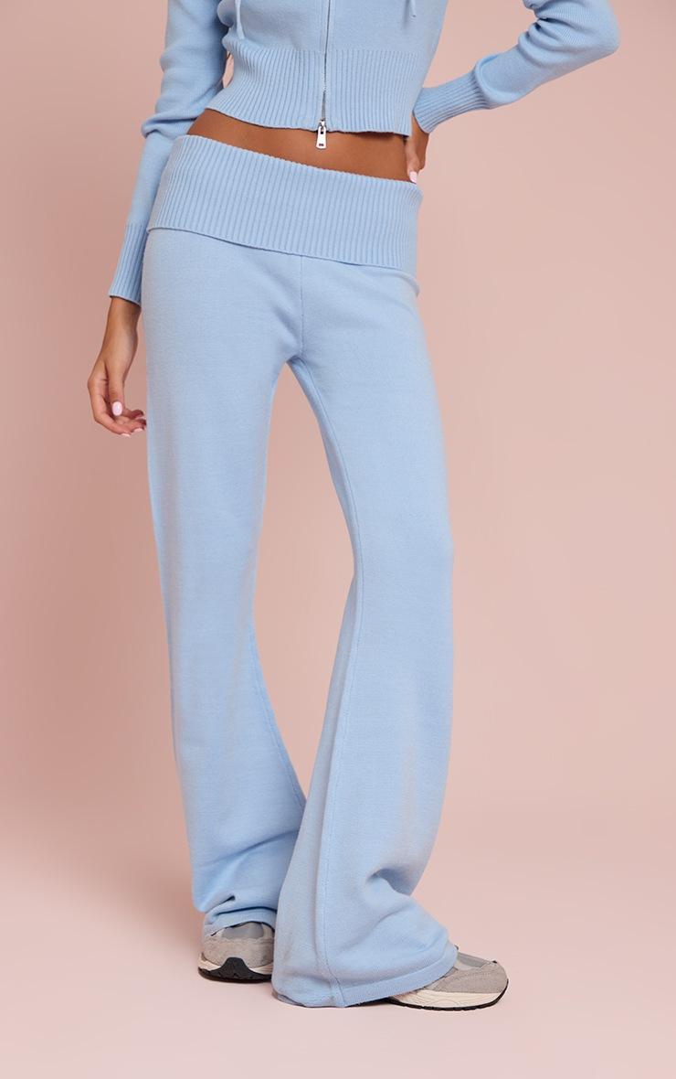 Pretty Little Thing Light Blue Fold Over Waist Band Flared Knitted Pants