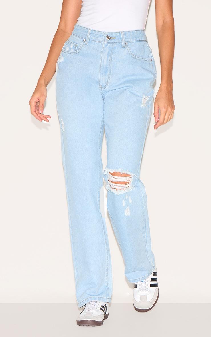 Pretty Little Thing Light Blue Wash Distressed High Rise Straight Leg Jeans