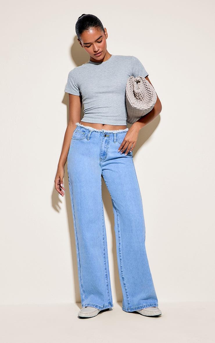Pretty Little Thing Light Blue Wash Fray Waistband Low Waist Straight Leg Jean
