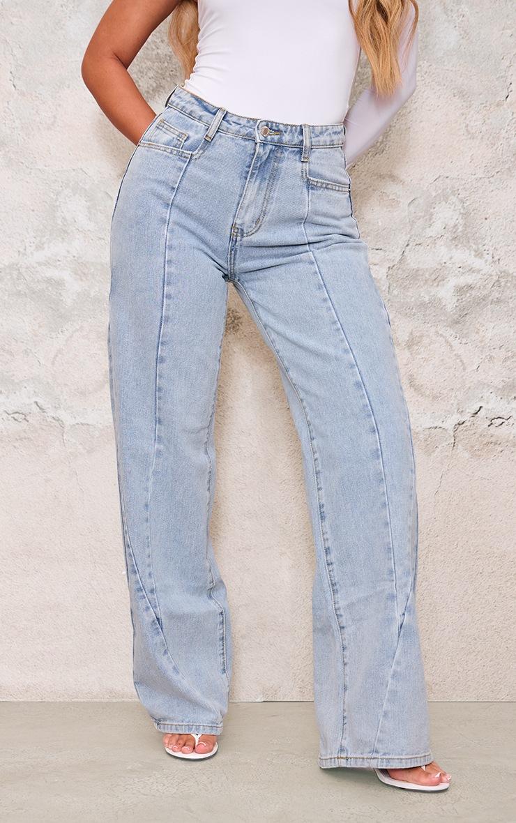 Pretty Little Thing Light Blue Washed Front Seam Detail Wide Leg Jeans