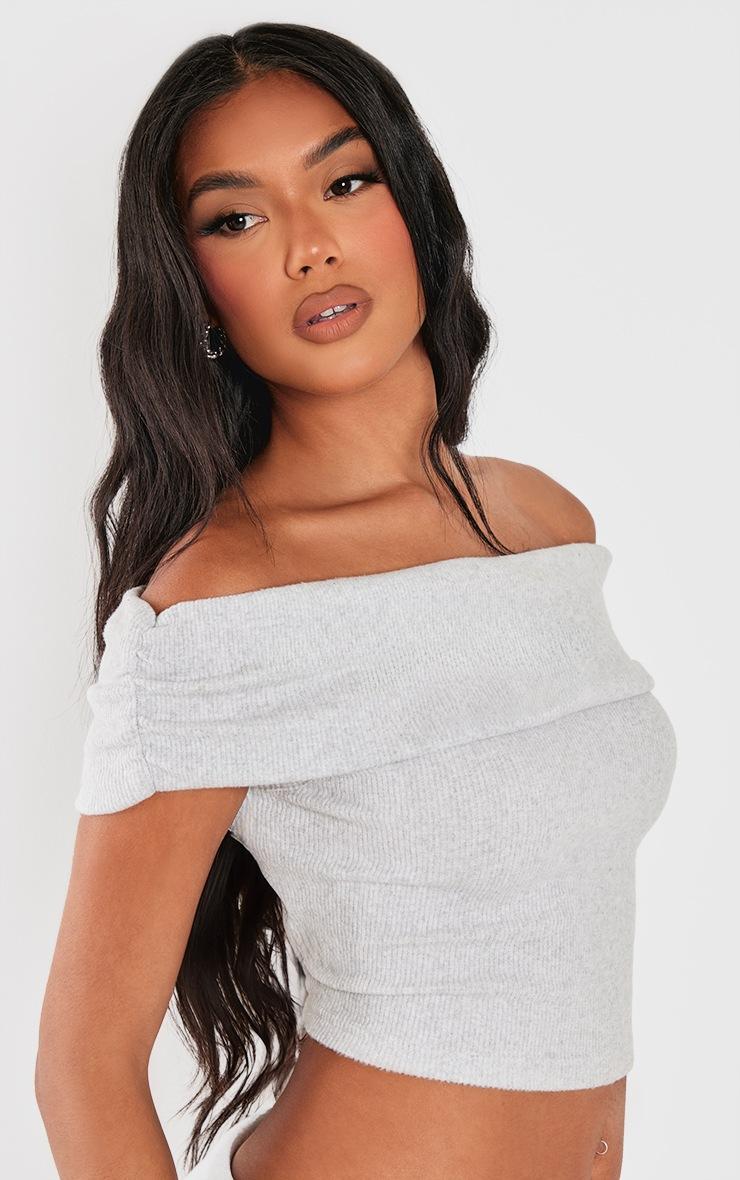Pretty Little Thing Light Grey Brushed Rib Off The Shoulder Longline Top